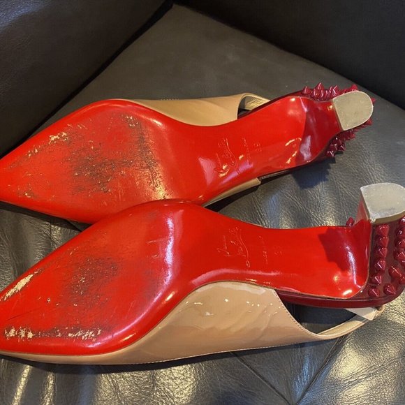 Louboutin Tan Nude Spike Red Heel & Red Bottom Slingbacks 39 Worn Once - Picture 5 of 11